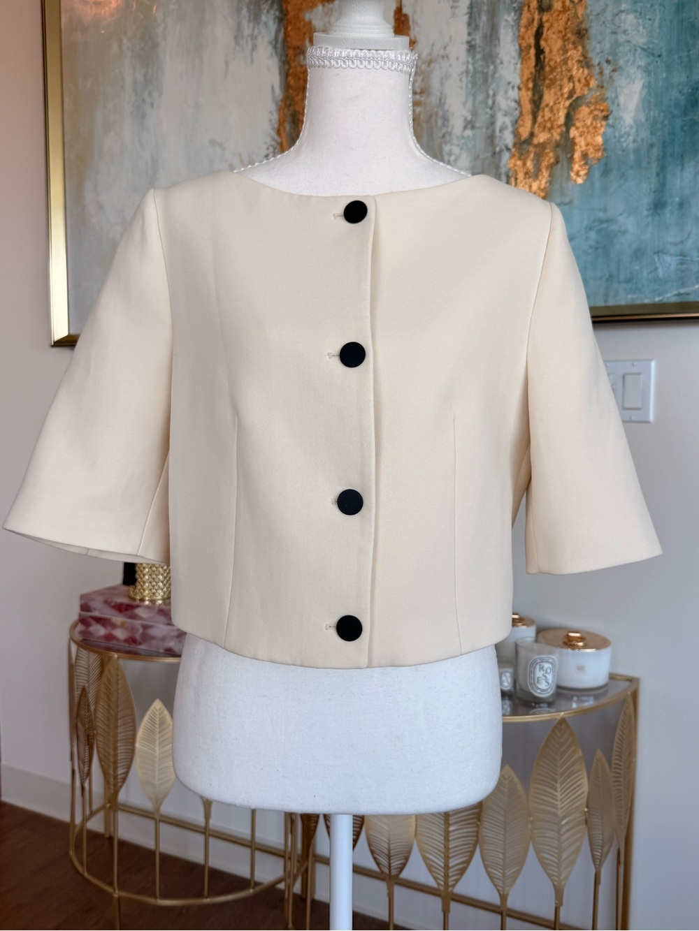 Elegant Cream Cropped Jacket with Black Buttons